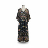 Johnny Was Womens Black Silk Floral Maxi Dress V-Neck Flowy Fit Sz XS 
