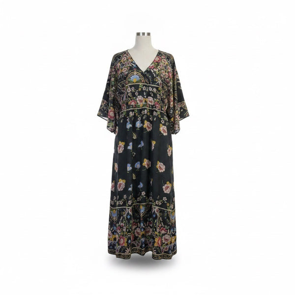 Johnny Was Womens Black Silk Floral Maxi Dress V-Neck Flowy Fit Sz XS 