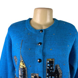 Design Options Womens Blue Button-Up Sequin Cardigan Skyline Embellished Sz L