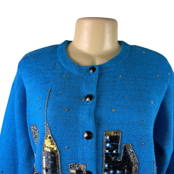 Design Options Womens Blue Button-Up Sequin Cardigan Skyline Embellished Sz L