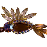 Vintage Amber Clear Rhinestone Bird Brooch Gold Tone Pin Statement