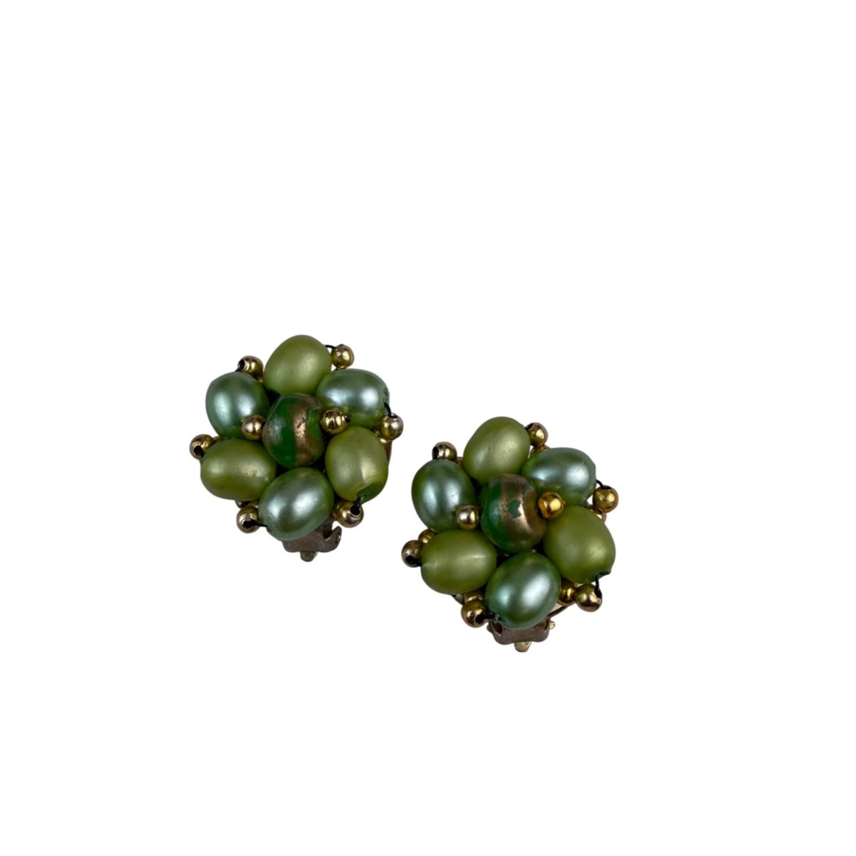 Vintage Womens Green & Gold Tone Beaded 3-Strand Necklace & Clip-On Earrings