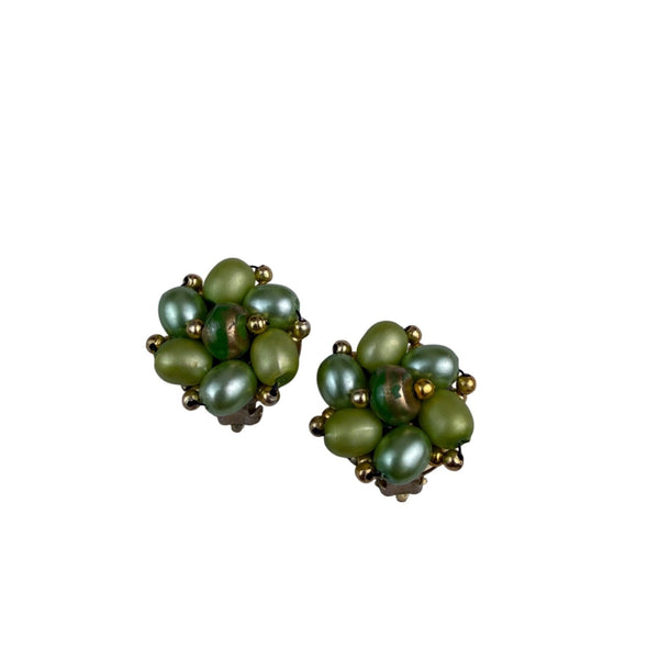Vintage Womens Green & Gold Tone Beaded 3-Strand Necklace & Clip-On Earrings