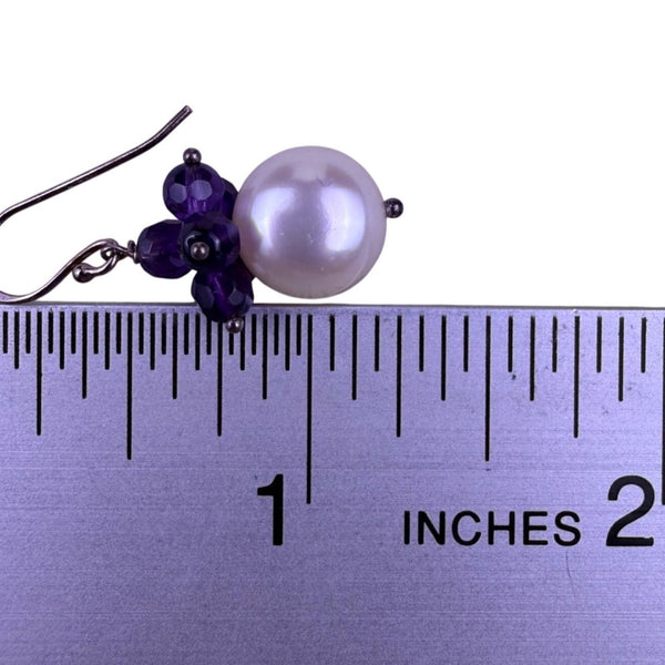 Cultured Pearl & Amethyst Womens Sterling Silver Dangle Earrings 925 