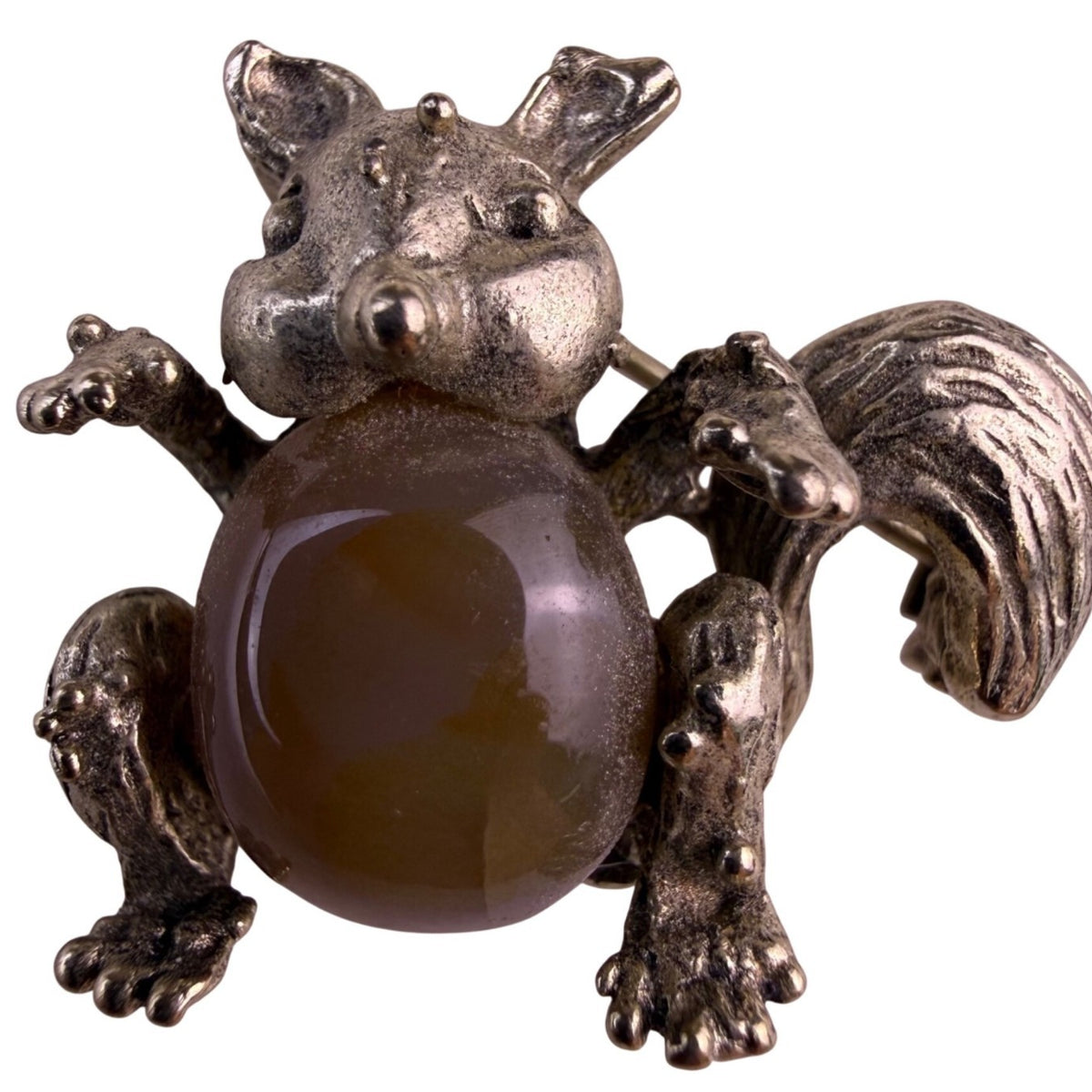 Vintage Silver Tone Animal Brooch Jelly Belly Stone Squirrel Retro Pin Jewelry