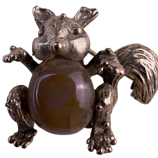Vintage Silver Tone Animal Brooch Jelly Belly Stone Squirrel Retro Pin Jewelry