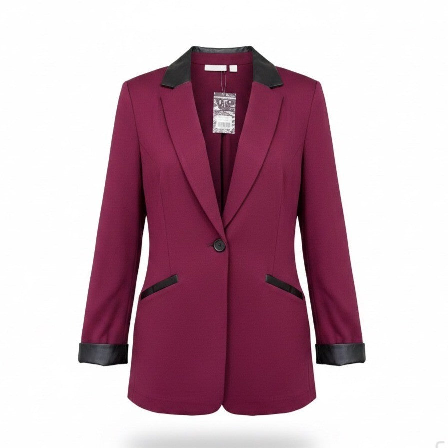 Susan Graver Womens Burgundy Rayon Blend Blazer With Faux Leather Trim Size 14