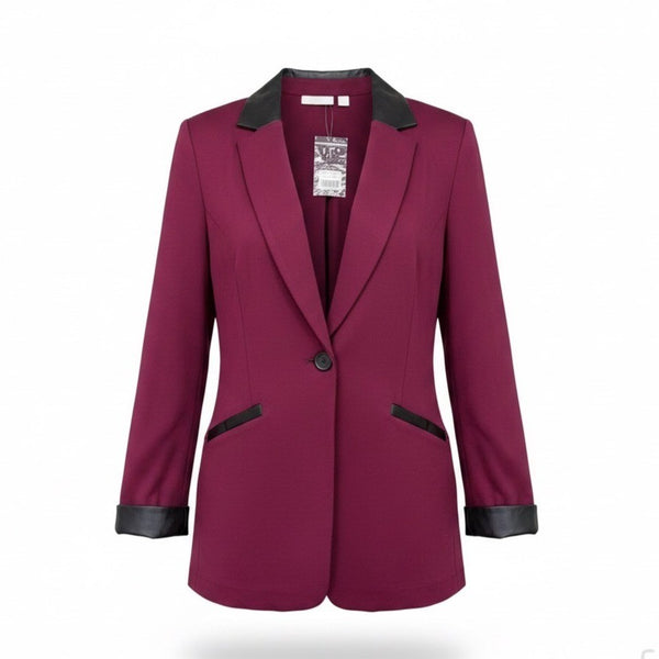 Susan Graver Womens Burgundy Rayon Blend Blazer With Faux Leather Trim Size 14