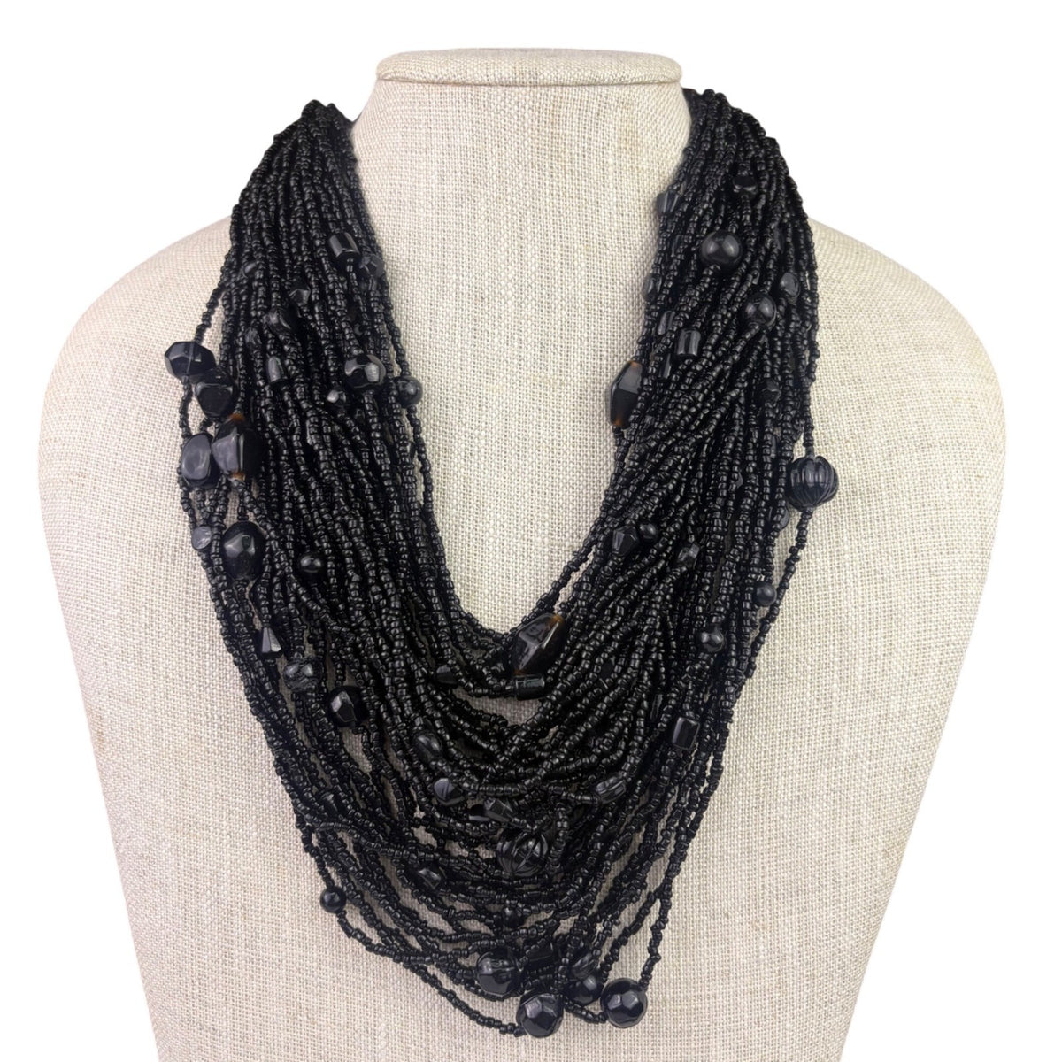 Vintage Black Glass Beads Multistrand Necklace With Unique Red Clasp Design