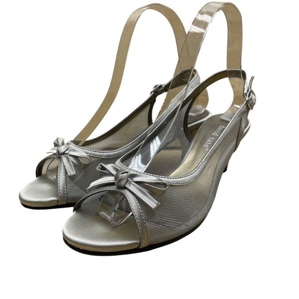 David Tate Women’s Silver Satin Slingback Bow Accent Peep-Toe Heels Size 6.5M