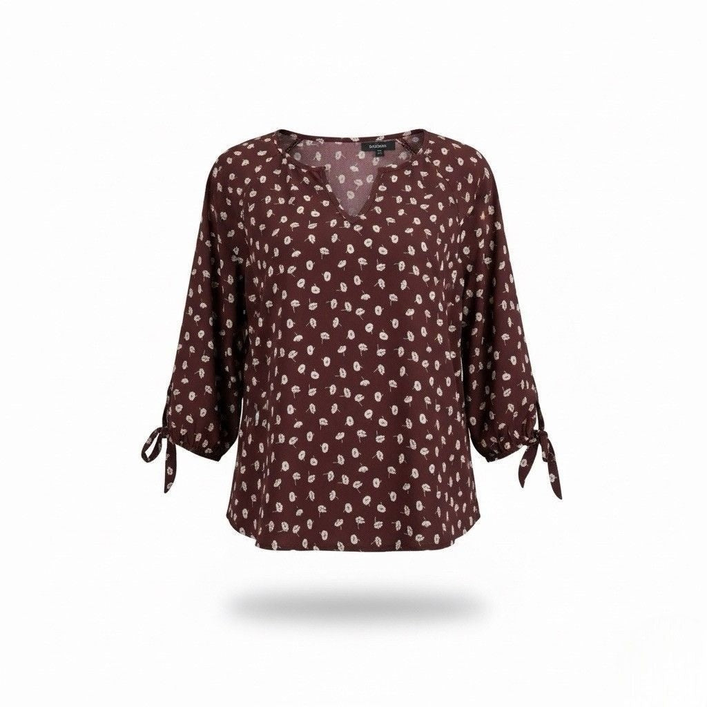 Papermoon Womens Brown Polyester Floral Print Blouse With Tie Sleeves Size XXL