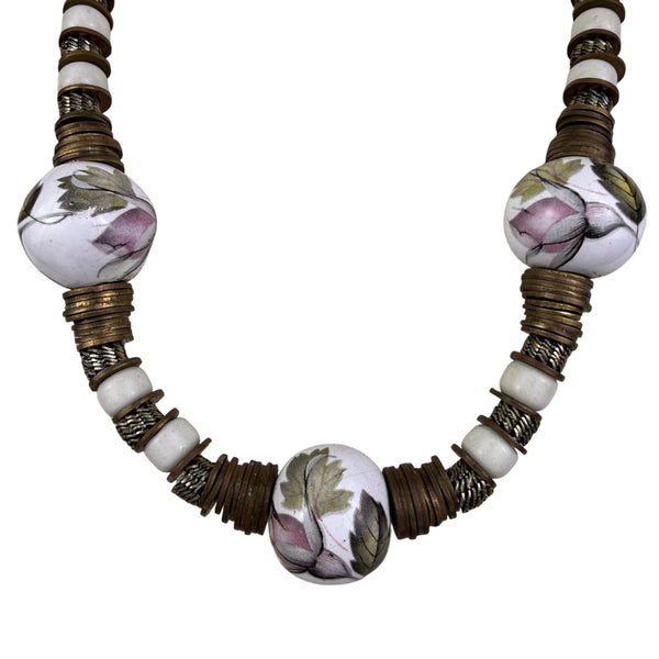 Vintage Floral Hand-Painted Ceramic & Metal Beaded Necklace Adjustable Length