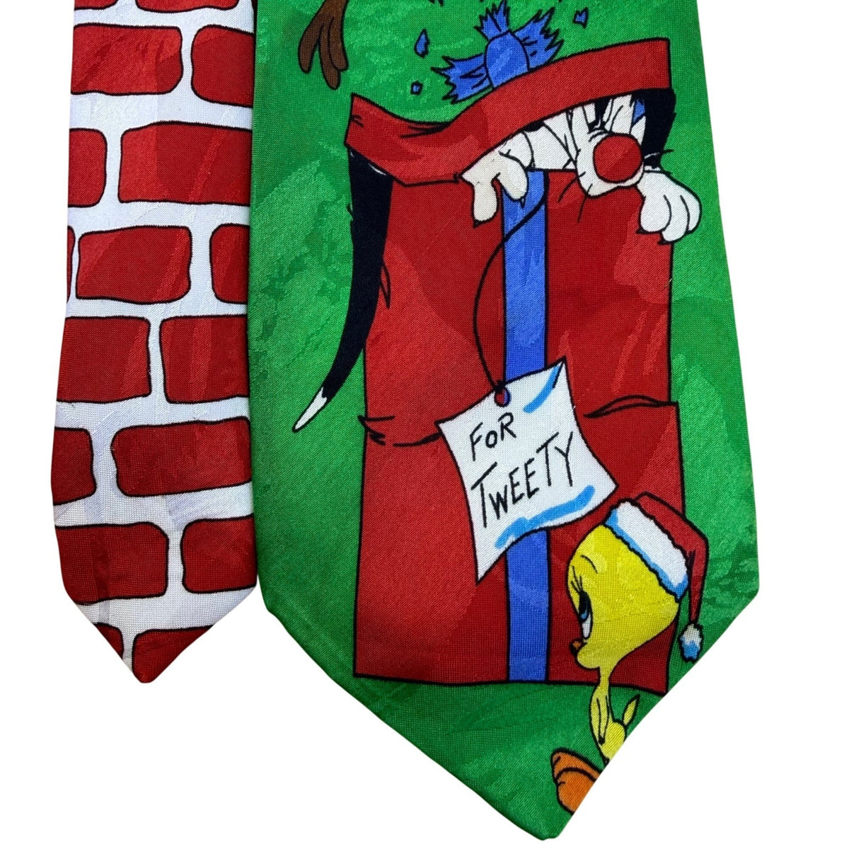 Looney Tunes Mens Green Christmas Holiday Neck Tie Tweety & Sylvester Print