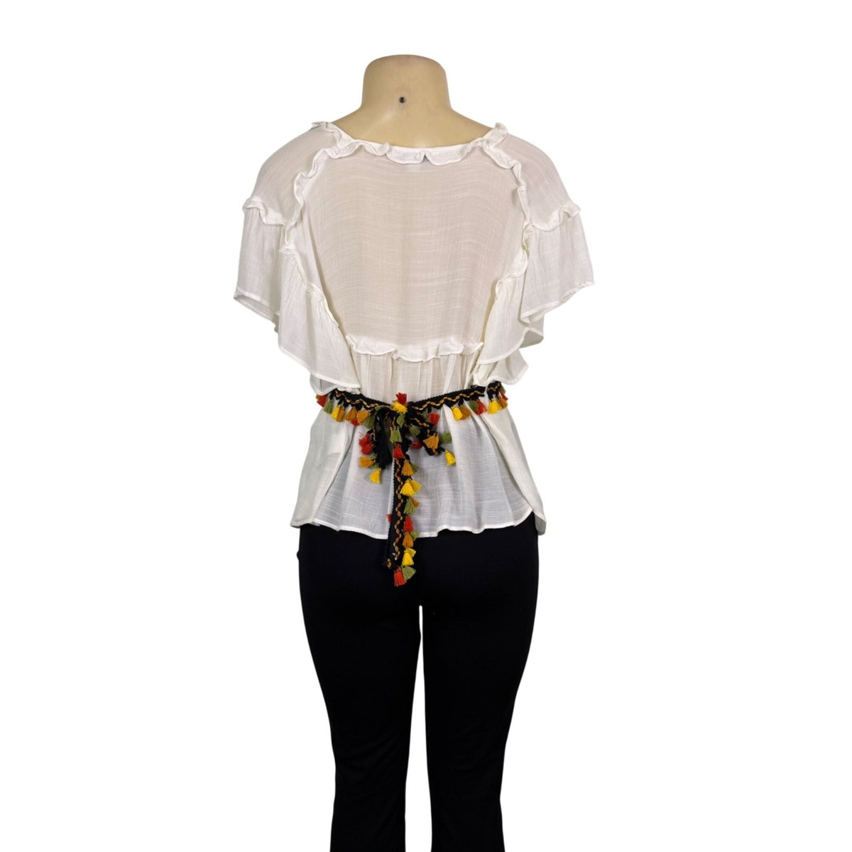 Zac & Rachel Womens White Tassel-Trim Ruffle Blouse  Bohemian Chic Size S