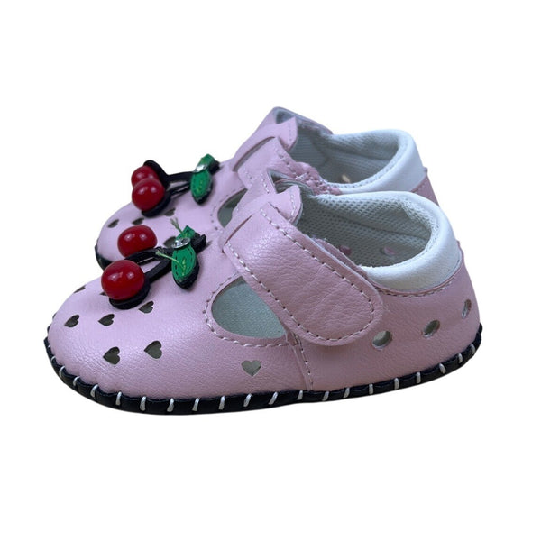 Xinqi Baby Girls Pink Cherry Design Heart Cutouts & Adhesive Strap Shoes Sz 16