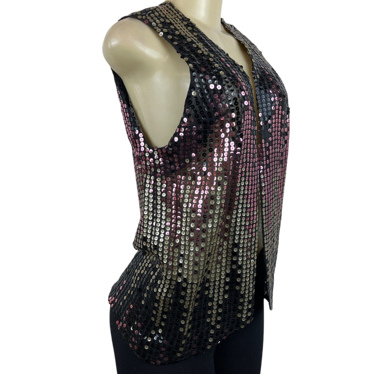 Vintage Sequin Sleeveless Vest Black & Gold With Pink Accents Womens One Size