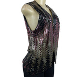 Vintage Sequin Sleeveless Vest Black & Gold With Pink Accents Womens One Size