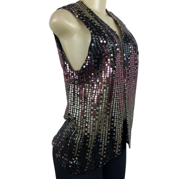 Vintage Sequin Sleeveless Vest Black & Gold With Pink Accents Womens One Size