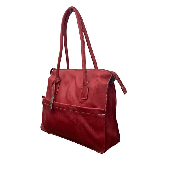 Cerruti 1881 Women’s Red Leather & Zip Top Spacious Shoulder Straps Tote Bag