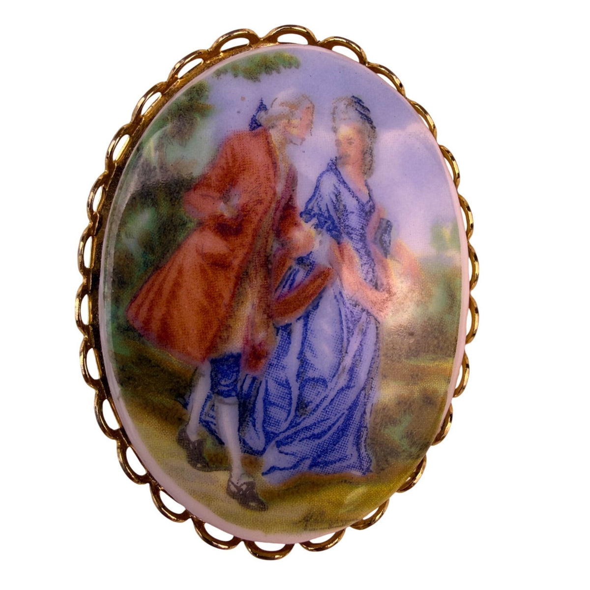 Gold-Tone Metal Hand-Painted Porcelain Scenic Brooch Multicolor Elegant Jewelry