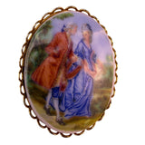 Gold-Tone Metal Hand-Painted Porcelain Scenic Brooch Multicolor Elegant Jewelry