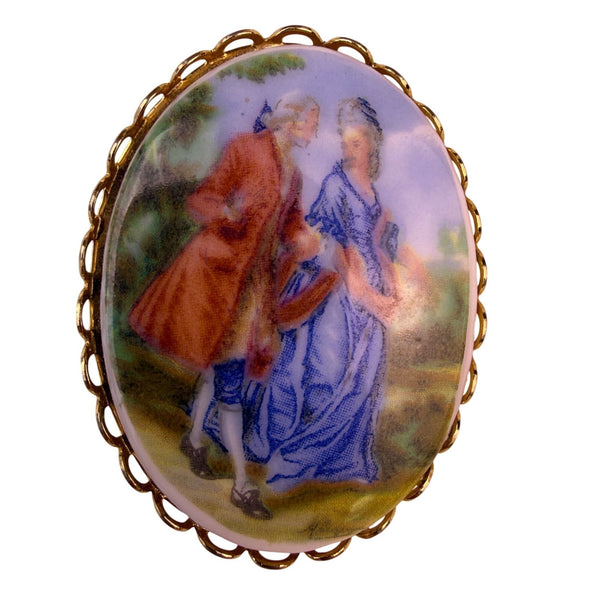 Gold-Tone Metal Hand-Painted Porcelain Scenic Brooch Multicolor Elegant Jewelry
