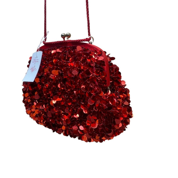 Lord & Taylor Women’s Red Sequins Evening Bag With Chain Strap & Satin Interior