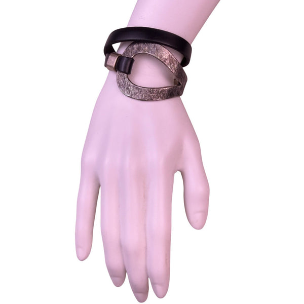 Saachi Womens Black Leather Hammered Metal Double Wrap Bracelet Modern Design