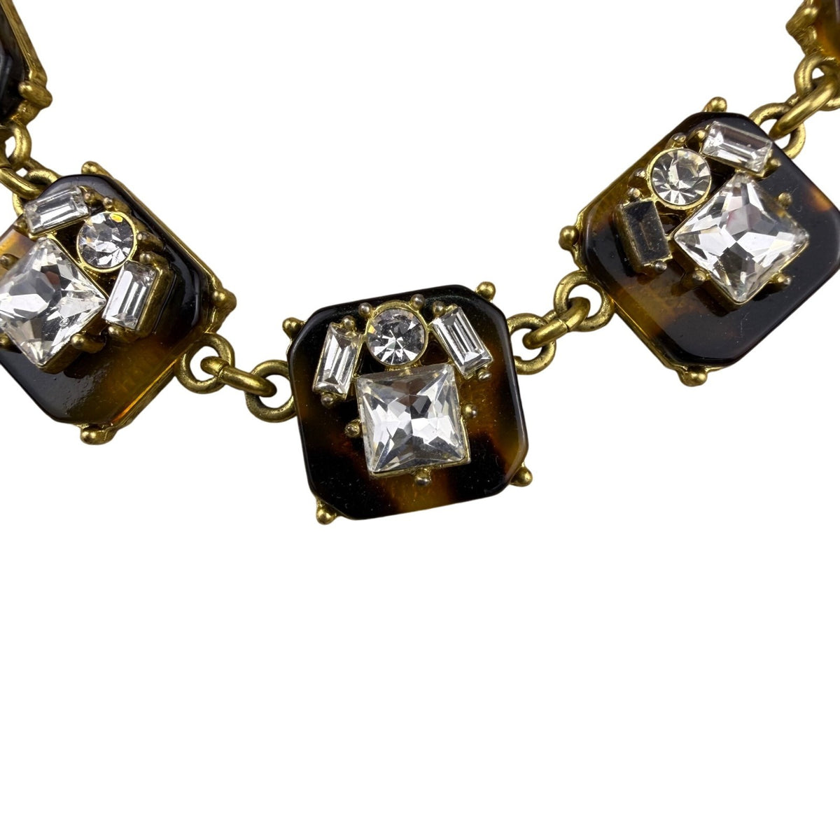 J. Crew Multi-Crystal Statement Necklace Gold Tone Links Brown Lucite Accents