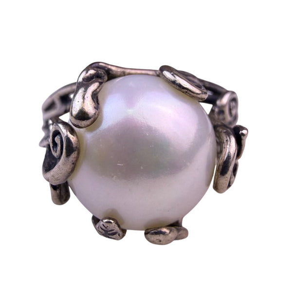 Sterling Silver Womens White Pearl Ring Leaf Branch Handmade Elegant Look