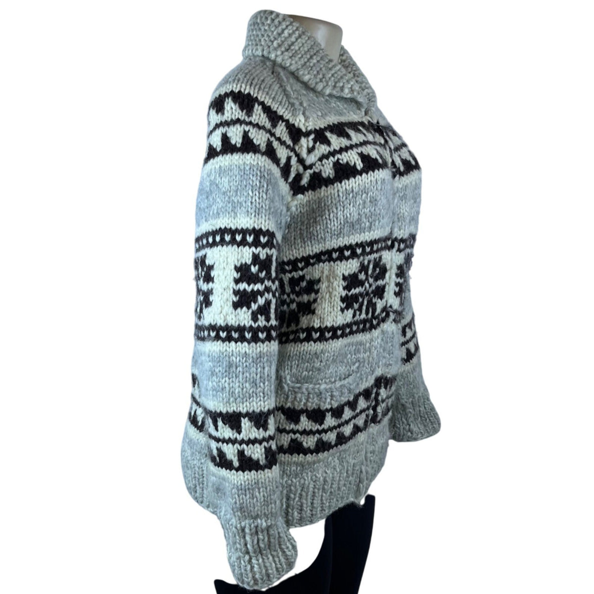 Tuak Unisex Grey & Black Wool Nordic Knit Cardigan Sweater Shawl Collar