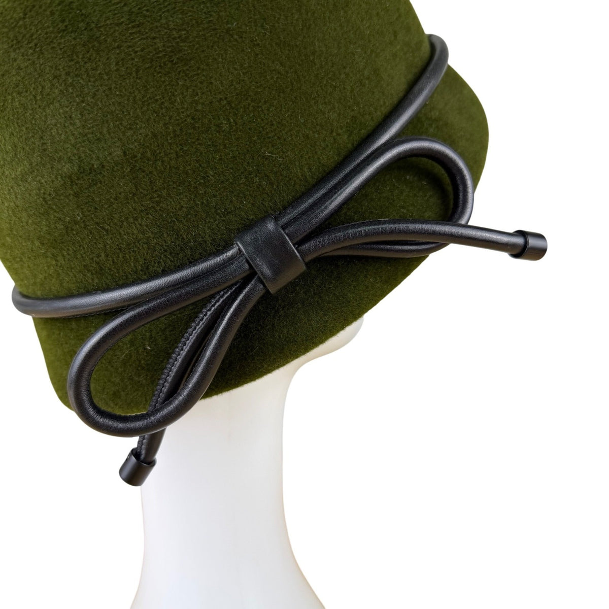 Womens Green Wool Cloche Hat With Black Leather Bow Accent