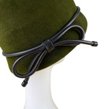 Womens Green Wool Cloche Hat With Black Leather Bow Accent