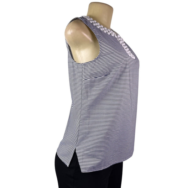 Talbots Womens Navy White Cotton Striped Sleeveless Top Petite Beaded Neck Sz S