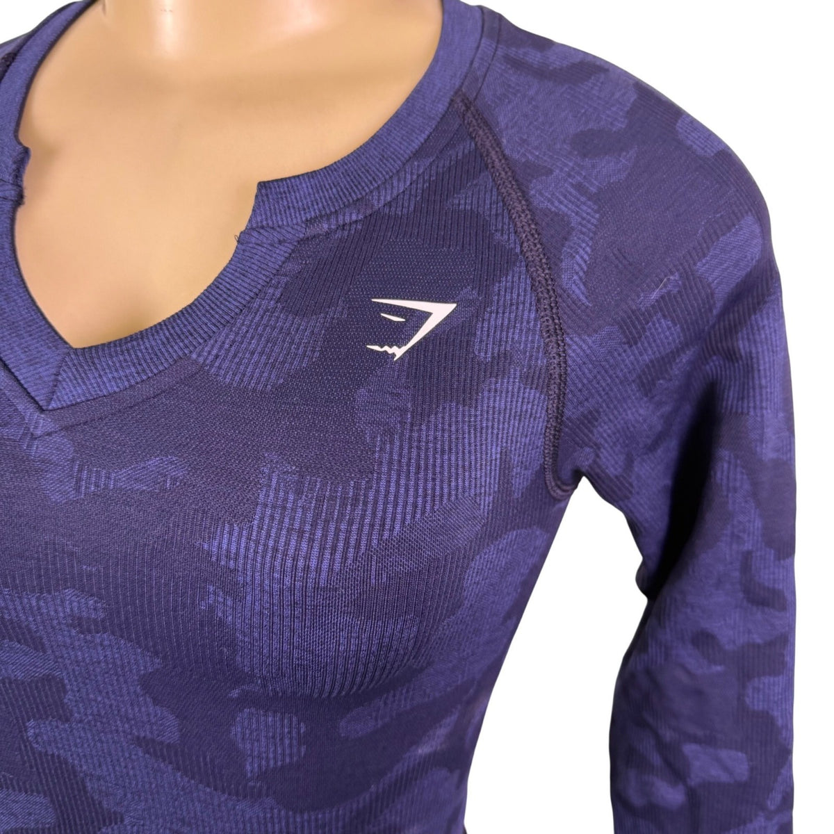 Gymshark Womens Blue Nylon Blend Cropped Camo Long Sleeve Top XS
