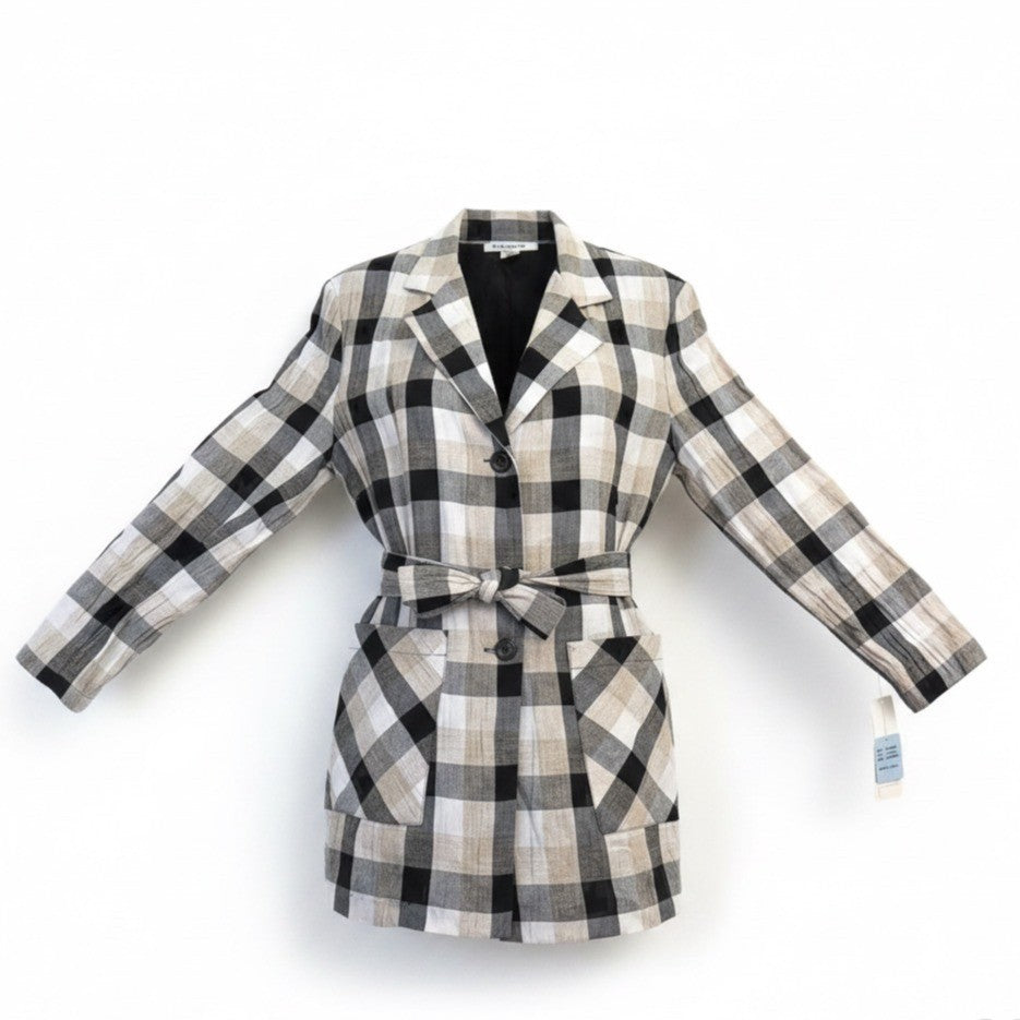 Ellen Ashley Womens Beige/Black Plaid Blazer Jacket Tie Waist Size M