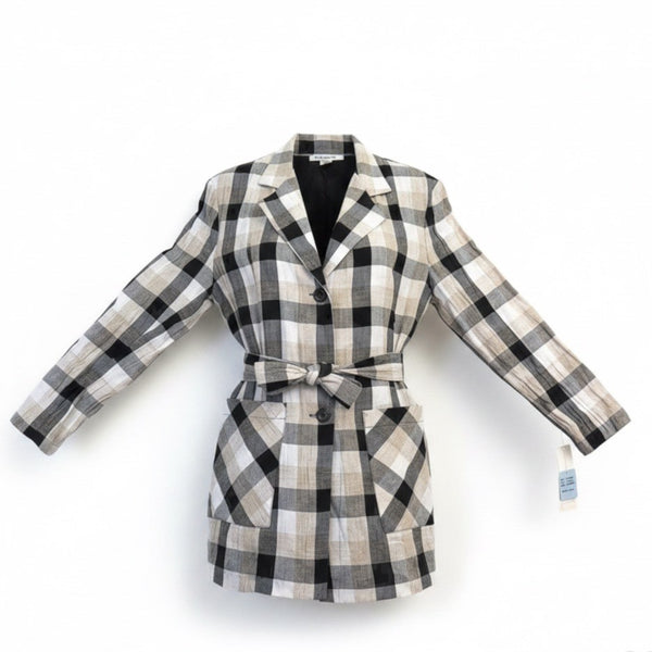 Ellen Ashley Womens Beige/Black Plaid Blazer Jacket Tie Waist Size M