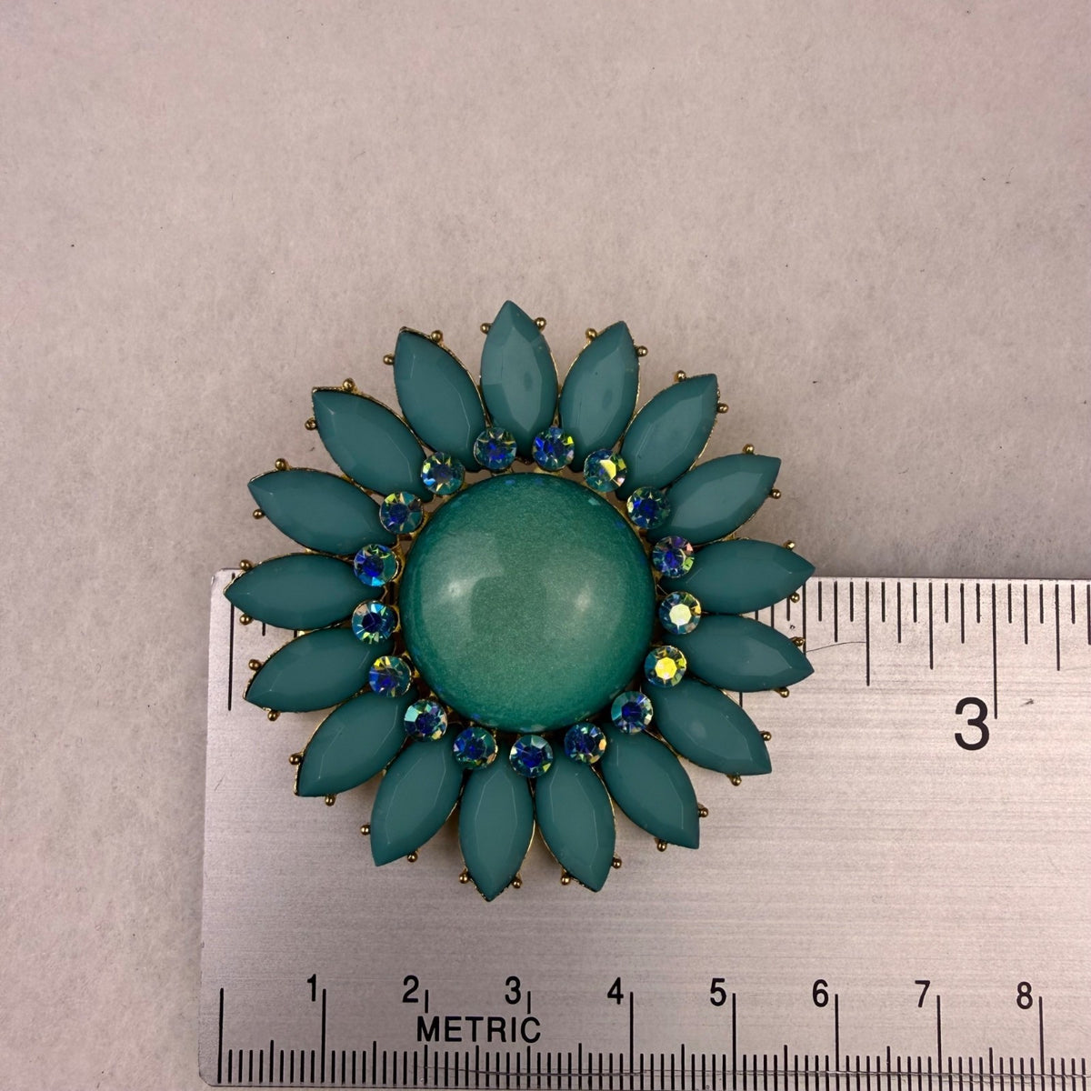 Vintage Teal & Gold Brooch Round Floral Rhinestone Pin Costume Jewelry