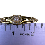Vintage Gold Tone Faux Pearl & Rhinestone Bar Brooch Elegant Design