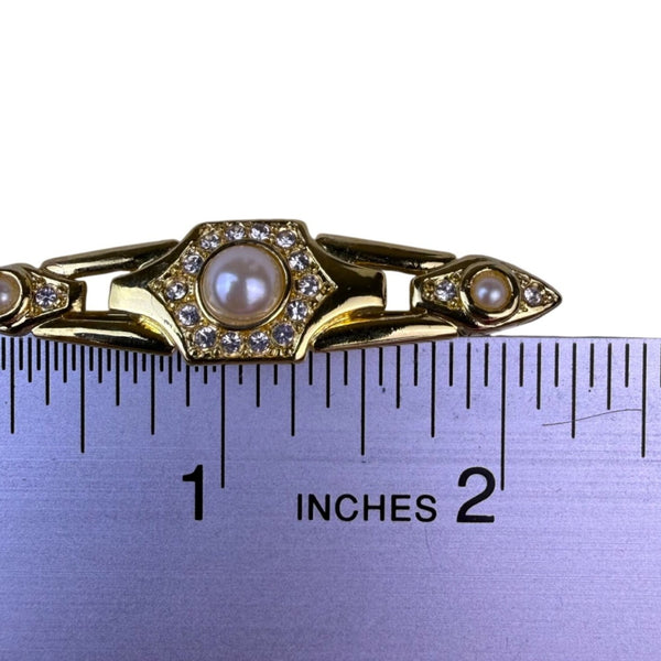 Vintage Gold Tone Faux Pearl & Rhinestone Bar Brooch Elegant Design