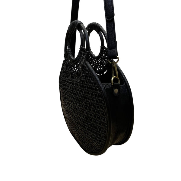 Anthropologie Women’s Black Woven With Dual Handles Round Rattan Crossbody Bag