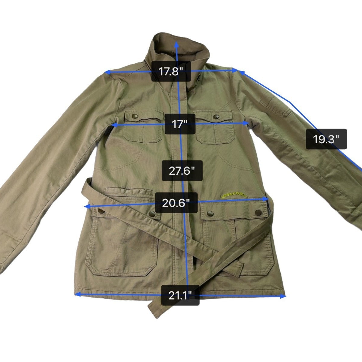 Volcom Women Khaki Cotton/Elastane Jacket Belted Military Style Size L