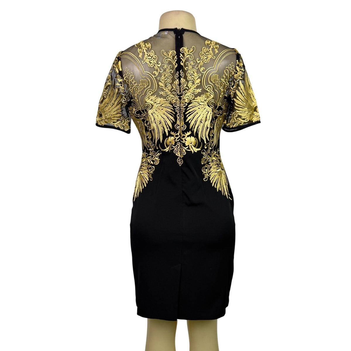 Joryaxuan Black & Gold Embroidered Sheath Dress Short Sleeve Mesh Detail Sz M