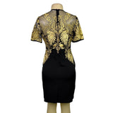 Joryaxuan Black & Gold Embroidered Sheath Dress Short Sleeve Mesh Detail Sz M