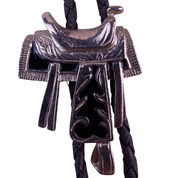 Silver-Toned & Black Western Enamel  Bolo Tie Braided Leather Cord Adjustable