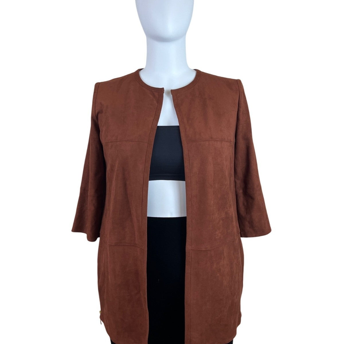Chico’s Womens Brown Open Front Jacket 3/4 Sleeve Lightweight Elegant Size 2