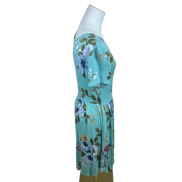 Longyuan Womens Floral Short Sleeve Dress Green Blue Size M - New