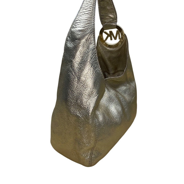 Michael Kors Women’s Gold Metallic Textured Leather Hobo Bag Logo Charm Accent