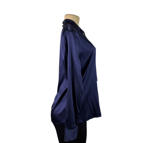 LILYSILK Womens Navy Blue Silk Long Sleeve Blouse With Tie Neck Detail Size M