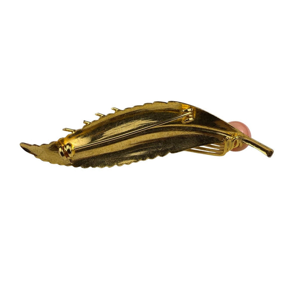 Unknown Ladies Gold Tone Plastic Leaf Clip Brooch With Peach Beaded Accent